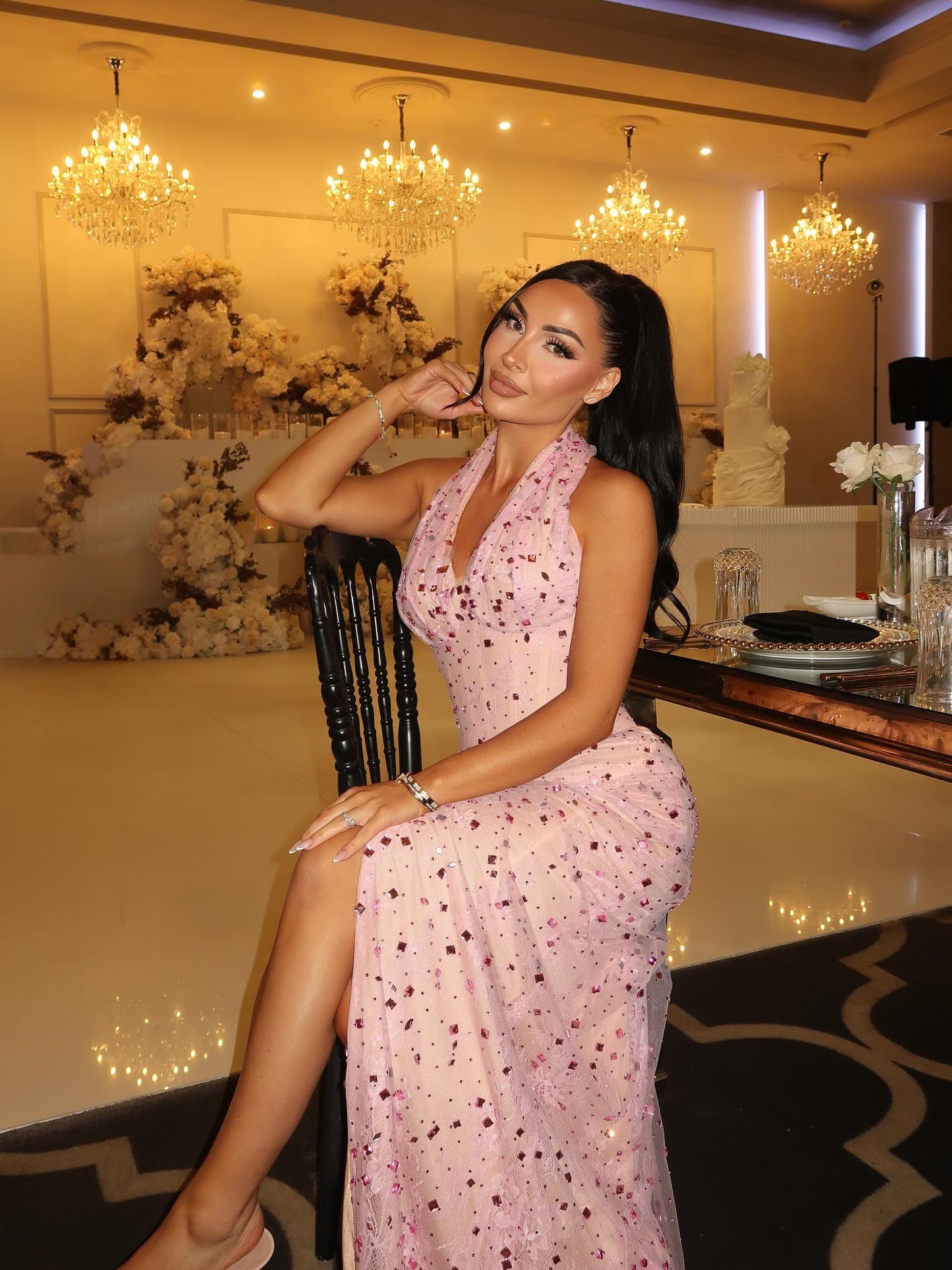 Fashion Sleeveless Halter Beaded Mermaid Side Slit Prom Dress