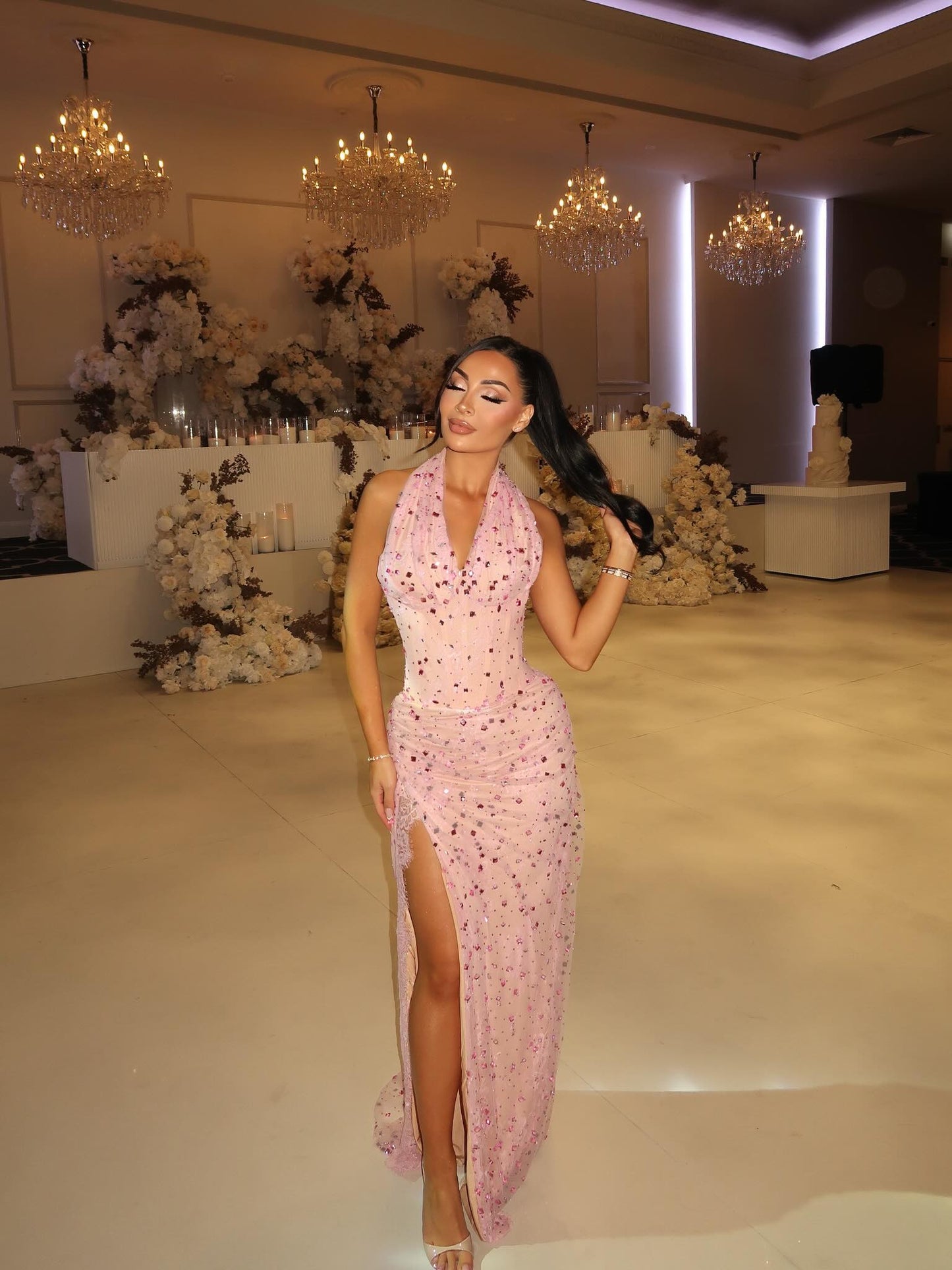 Fashion Sleeveless Halter Beaded Mermaid Side Slit Prom Dress