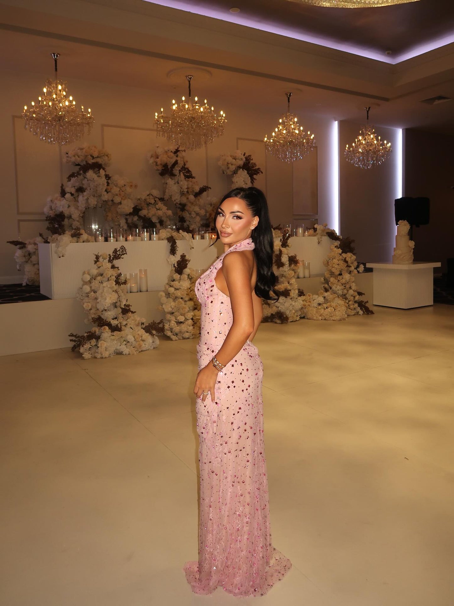 Fashion Sleeveless Halter Beaded Mermaid Side Slit Prom Dress
