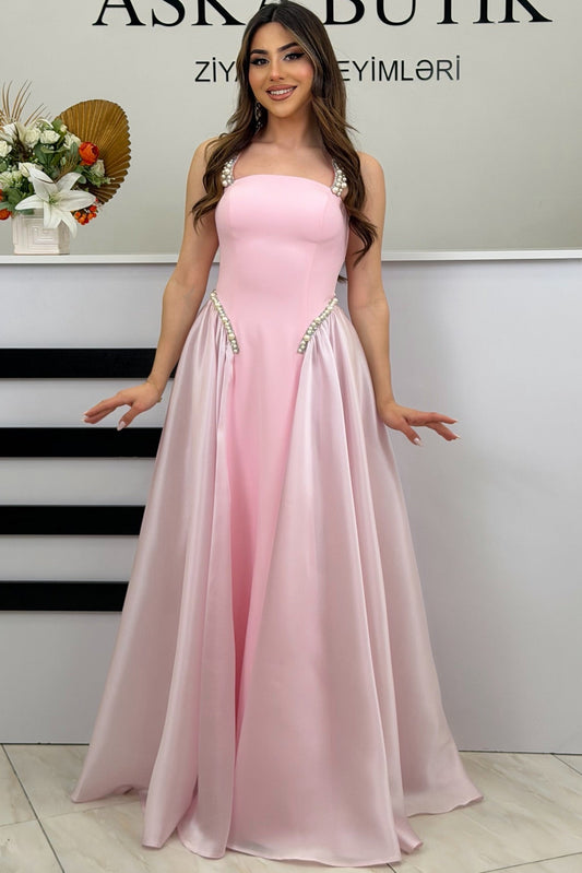 Spaghetti Strap Beaded Sparkle Sleeveless A-Line Evening Dress