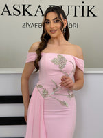 Pink Off the Shoulder Sleeveless Beaded Applique Mermaid Evening Dress