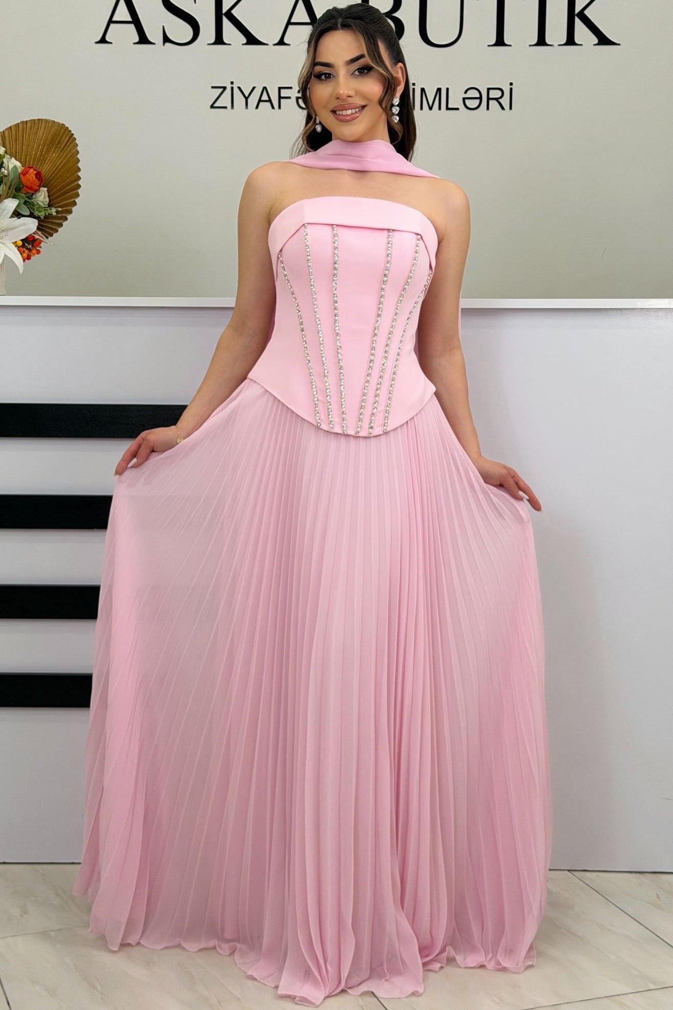 Strapless Beaded Sparkle Sleeveless A-Line Evening Dress