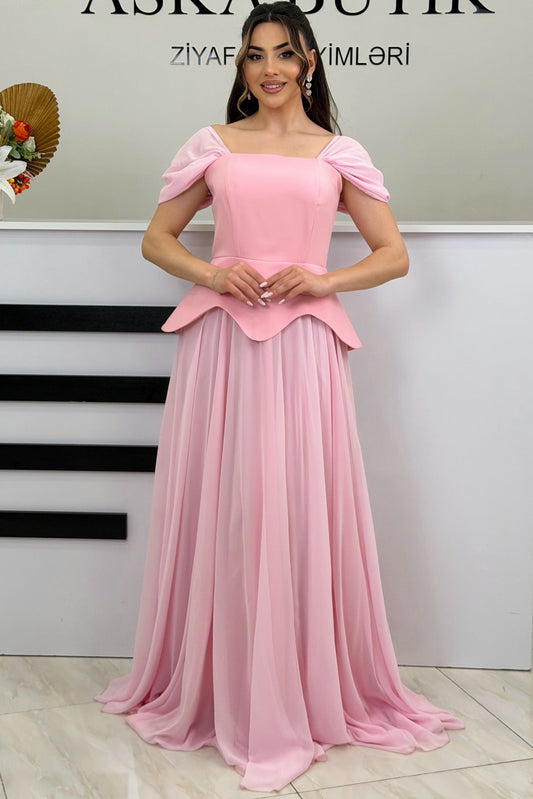Pink Square Neck Sleeveless A-Line Floor-Length Evening Dress