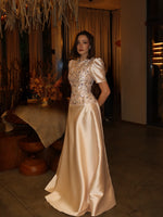 Short Sleeve Sequins Applique A-Line Floor-Length Evening Dress