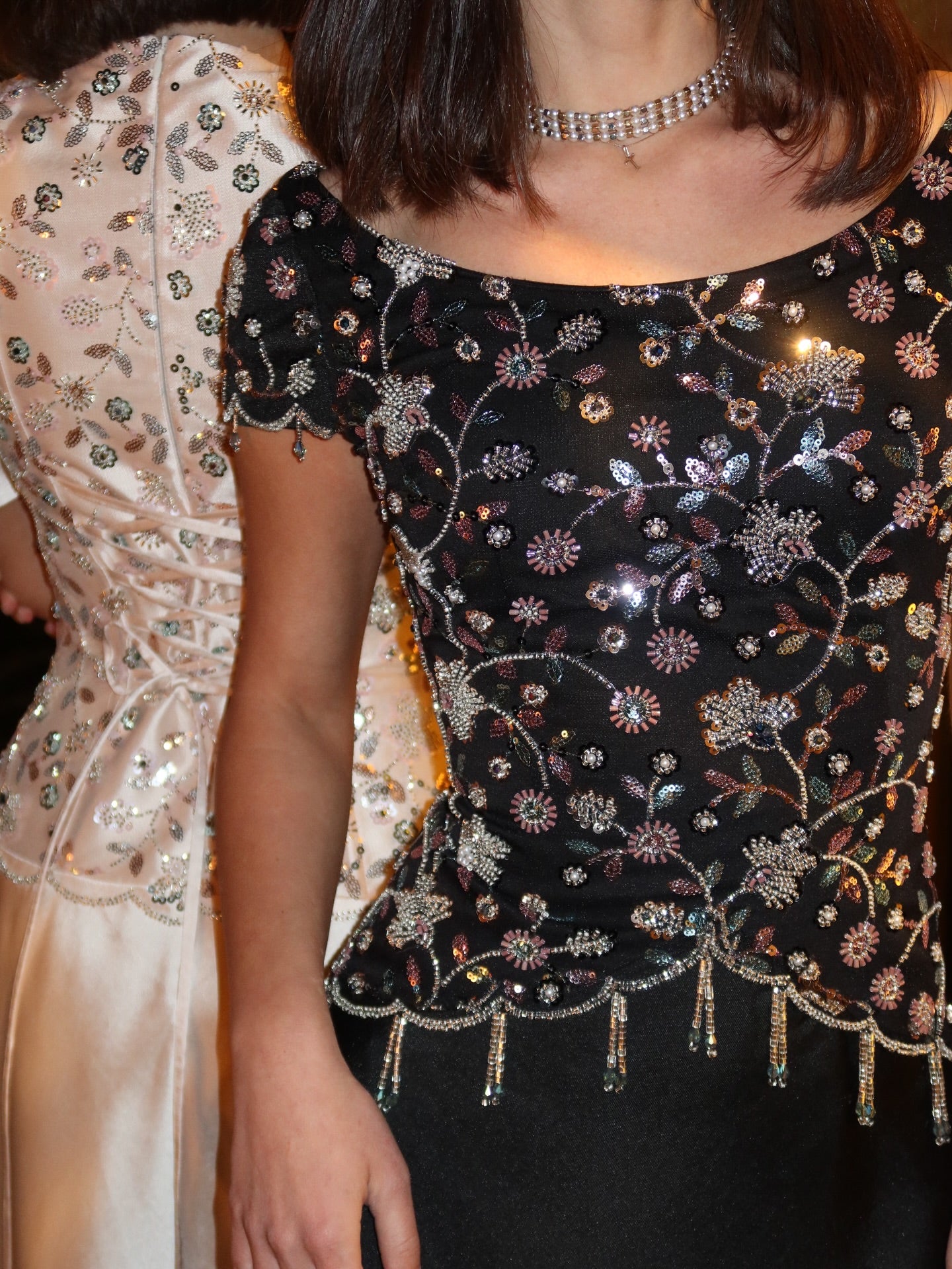 Short Sleeve Sequins Applique A-Line Floor-Length Evening Dress