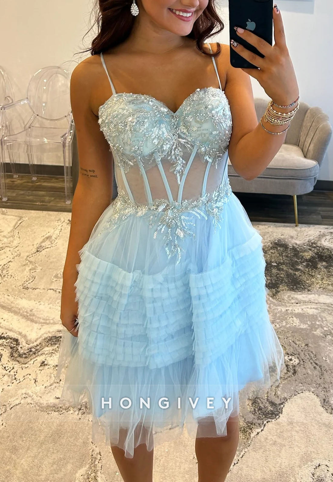 Light Blue Spaghetti Straps Tulle A-Line Sweetheart Corset Short Homecoming Dress