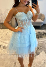 Light Blue Spaghetti Straps Tulle A-Line Sweetheart Corset Short Homecoming Dress