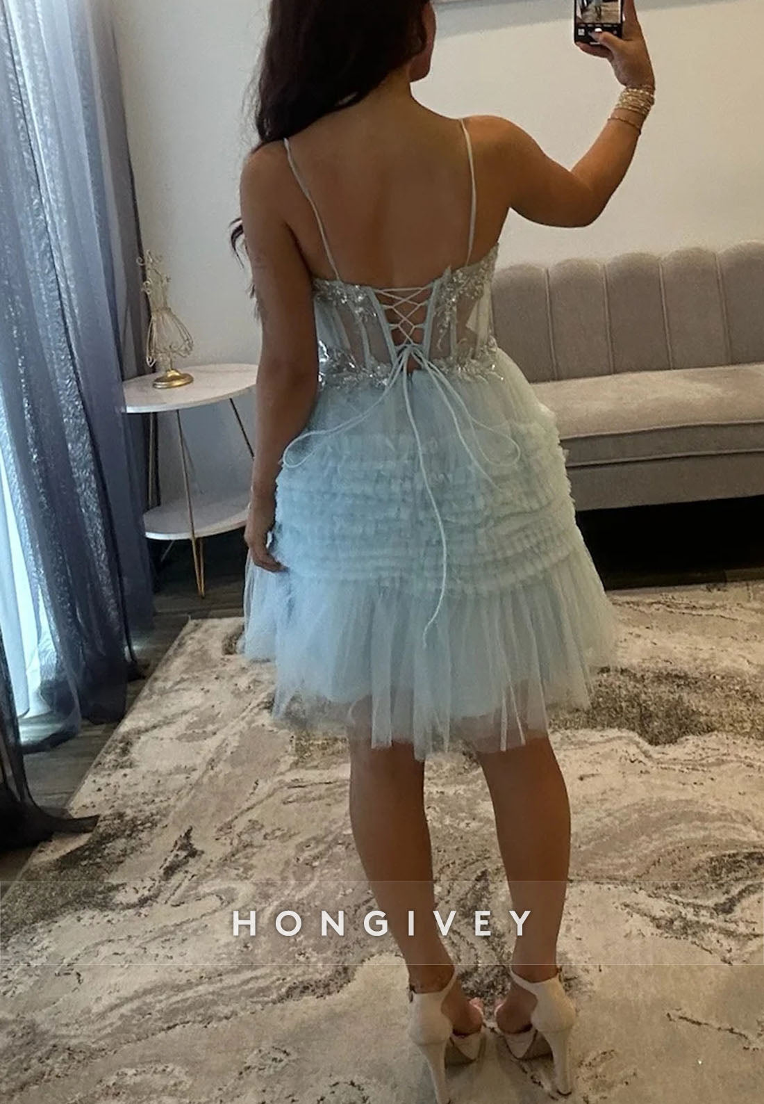 Light Blue Spaghetti Straps Tulle A-Line Sweetheart Corset Short Homecoming Dress