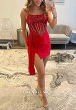 Crisscross Back Side Slit Spaghetti Straps Side Draping Mini Homecoming Dress