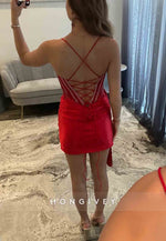 Crisscross Back Side Slit Spaghetti Straps Side Draping Mini Homecoming Dress