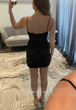 Black Sheath Spaghetti Straps Sequined Short Homecoming Dress with Slit