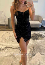 Black Sheath Spaghetti Straps Sequined Short Homecoming Dress with Slit