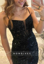 Black Sheath Spaghetti Straps Sequined Short Homecoming Dress with Slit