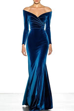 Formal Evening Dress Blue Velvet Off The Shoulder Long Sleeve Maxi Dress