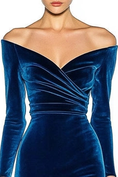 Formal Evening Dress Blue Velvet Off The Shoulder Long Sleeve Maxi Dress