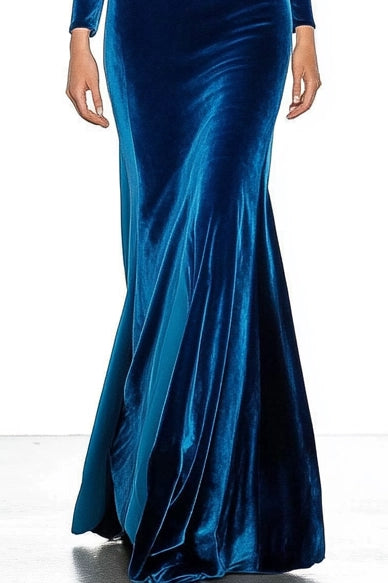 Formal Evening Dress Blue Velvet Off The Shoulder Long Sleeve Maxi Dress