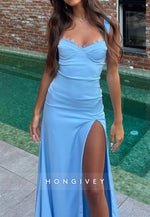 Sky Blue Straps Sweetheart Split Guest of Wedding Long  Prom Dresses