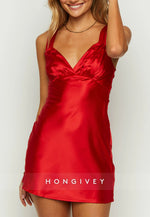 Simple Sheath Party Dress Red V-Neck Satin V Back Mini Homecoming Dress