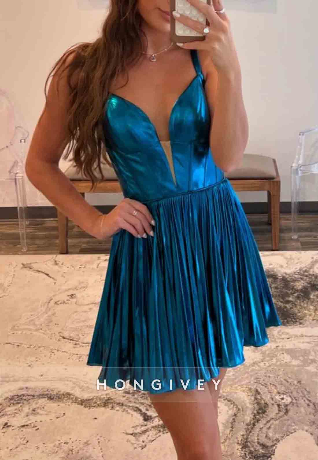 Dark Blue A-Line Straps Open Back Short Metallic Homecoming Dress