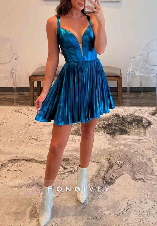 Dark Blue A-Line Straps Open Back Short Metallic Homecoming Dress