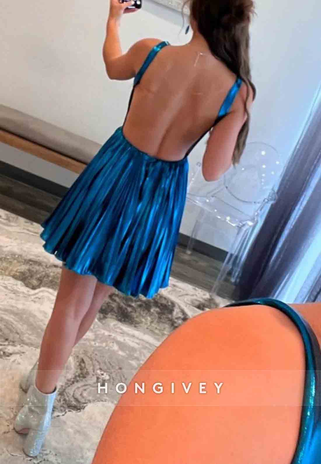 Dark Blue A-Line Straps Open Back Short Metallic Homecoming Dress
