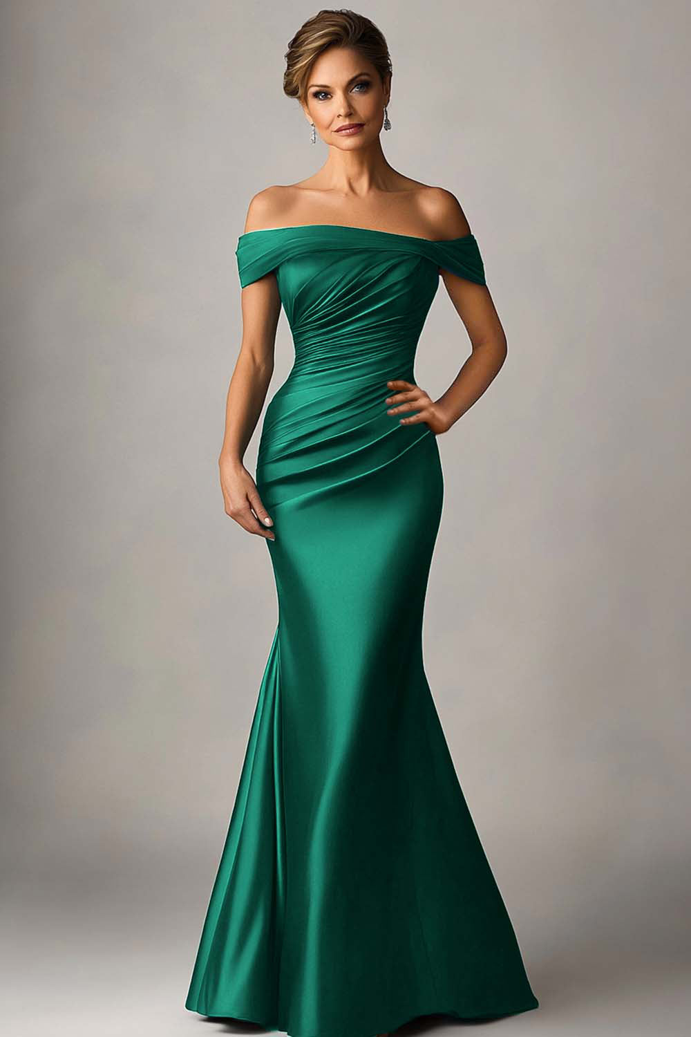 Peacock Blue Satin Mermaid Off The Shoulder Ruched Long Formal Dress