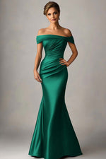Peacock Blue Satin Mermaid Off The Shoulder Ruched Long Formal Dress