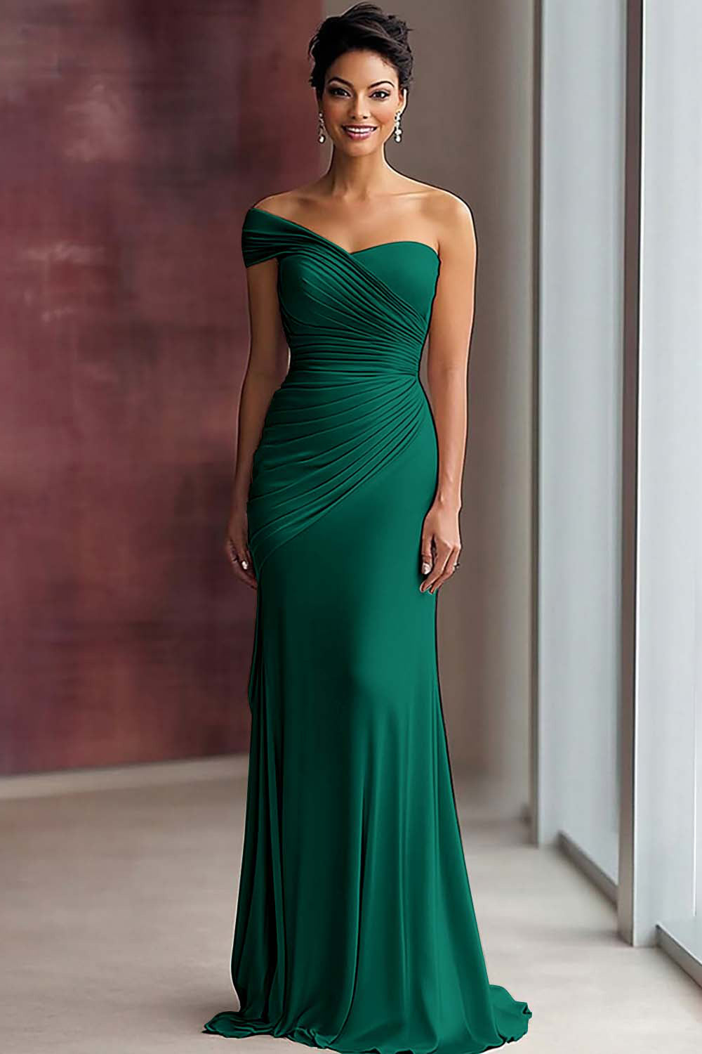 Light Khaki Sheath Jersey One Shoulder Pleated Long Gala Dress
