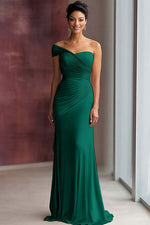 Light Khaki Sheath Jersey One Shoulder Pleated Long Gala Dress