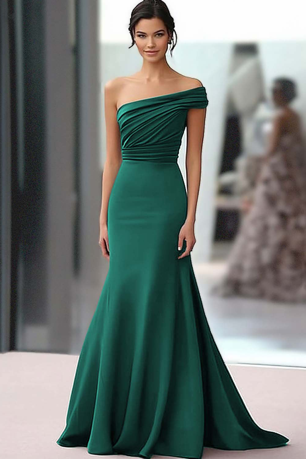 Coffee One Shoulder Crepe Mermaid Long Ruched Gala Dress
