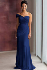 Light Khaki Sheath Jersey One Shoulder Pleated Long Gala Dress