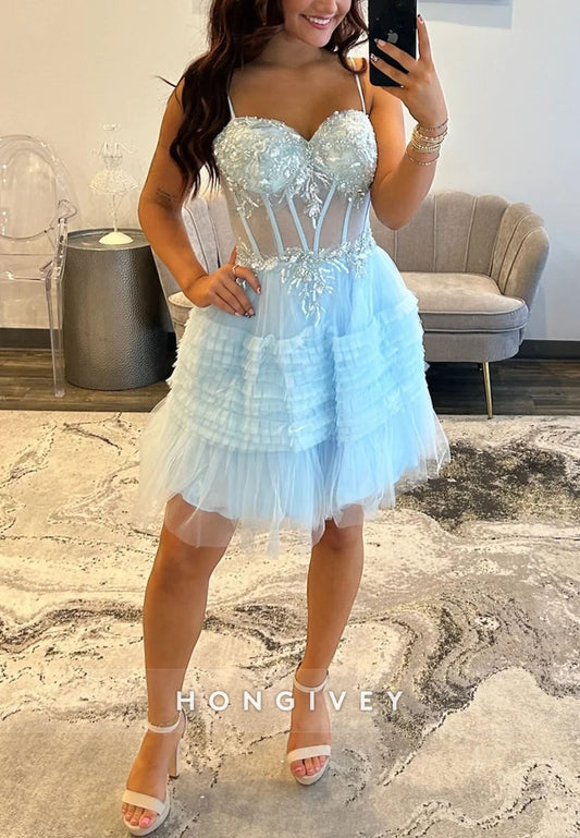 Light Blue Spaghetti Straps Tulle A-Line Sweetheart Corset Short Homecoming Dress
