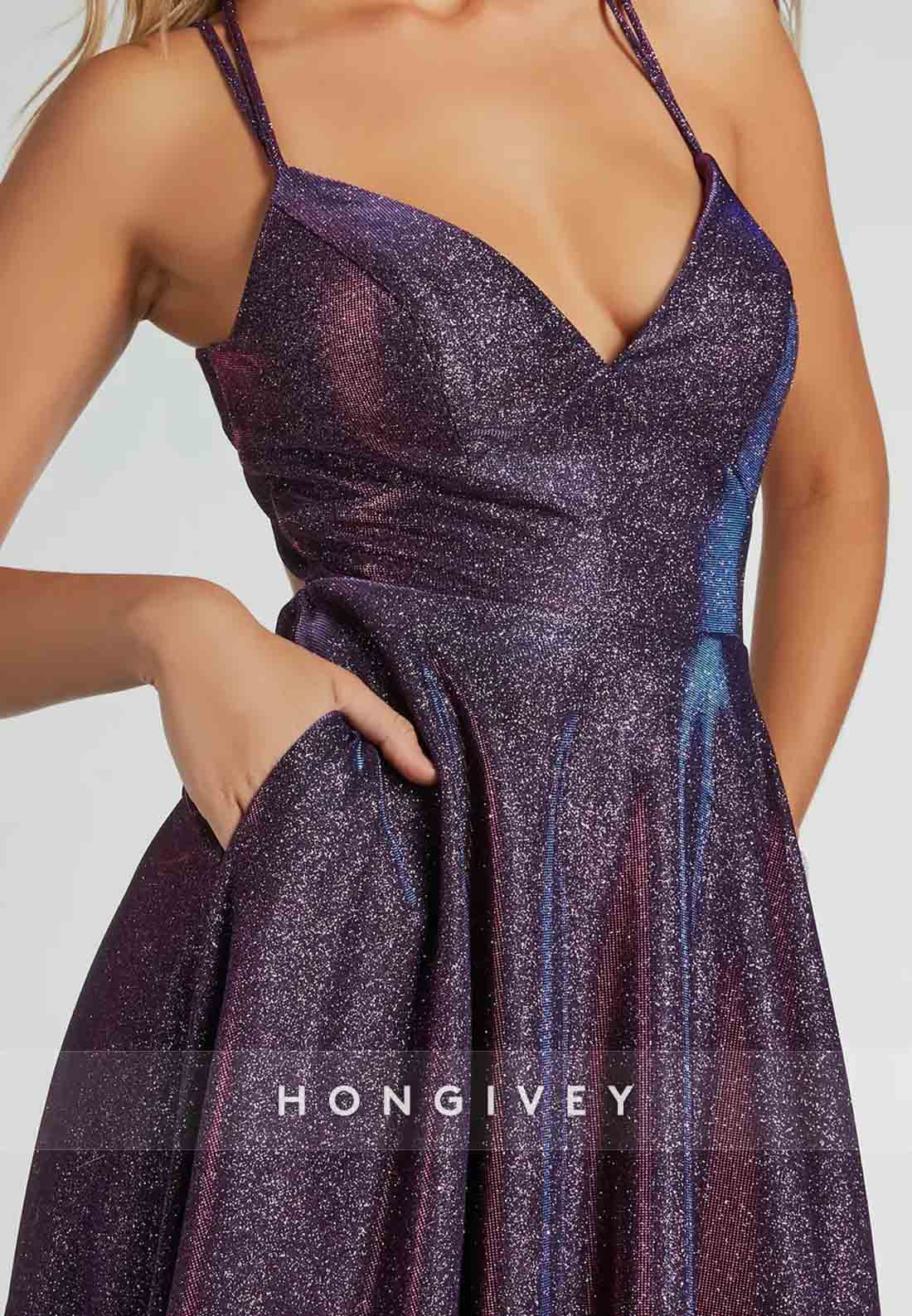 Spaghetti Straps A-Line Stunning Purple Glitter Prom Dresses Crisscross Back Formal Dress