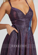 Spaghetti Straps A-Line Stunning Purple Glitter Prom Dresses Crisscross Back Formal Dress