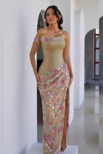 Floral Applique Asymmetric Slit Evening Gown