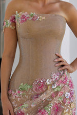 Floral Applique Asymmetric Slit Evening Gown
