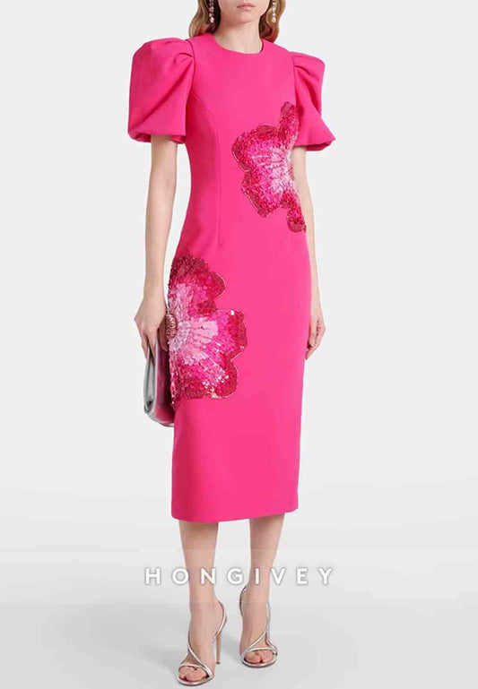 Floral Column Short Sleeves Cocktail Dresses Fuchsia Wedding Guest Dress