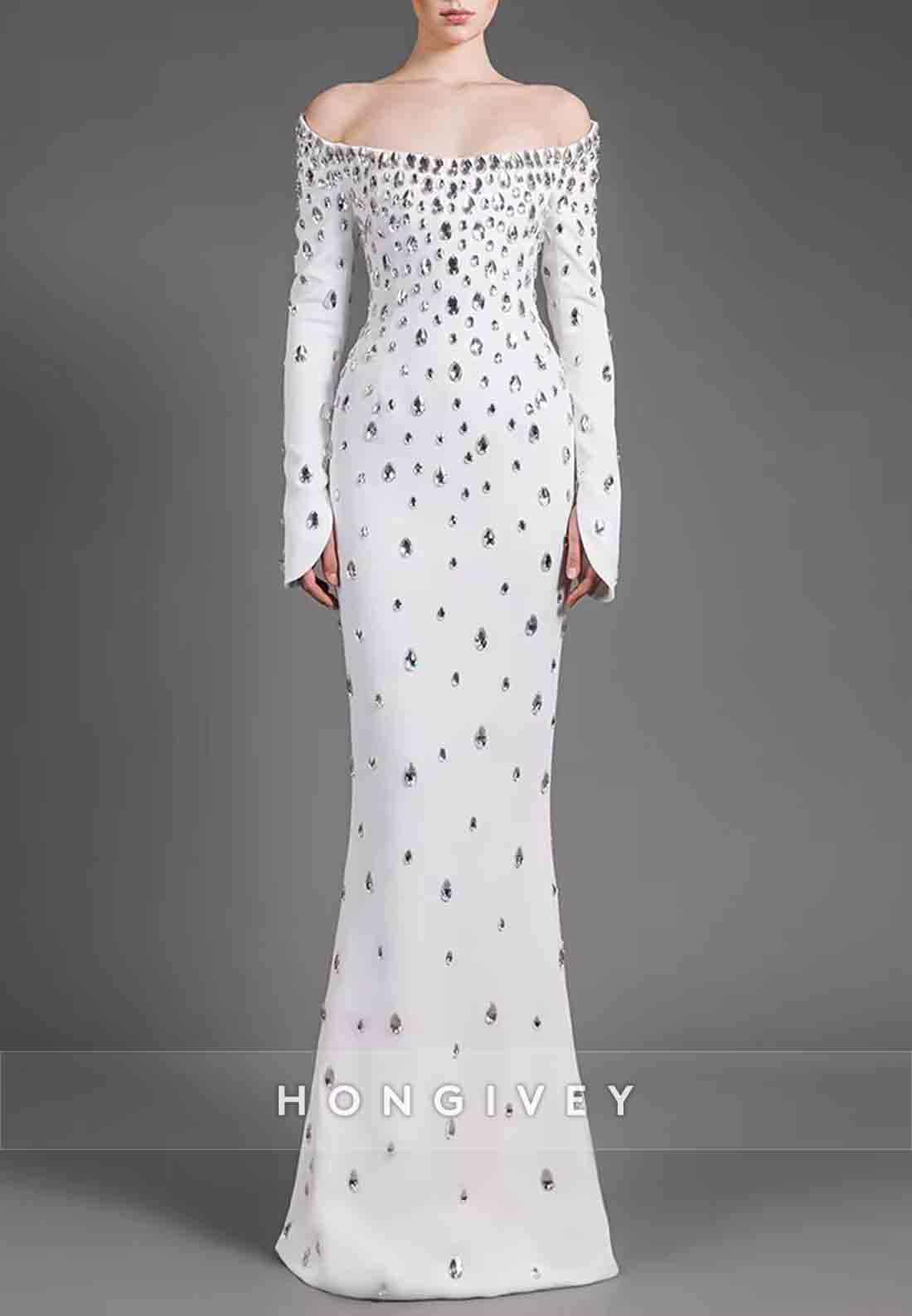 Off the Shoulder Floor-Length Long Sleeves Mermaid Evening Gowns with Rhinestone