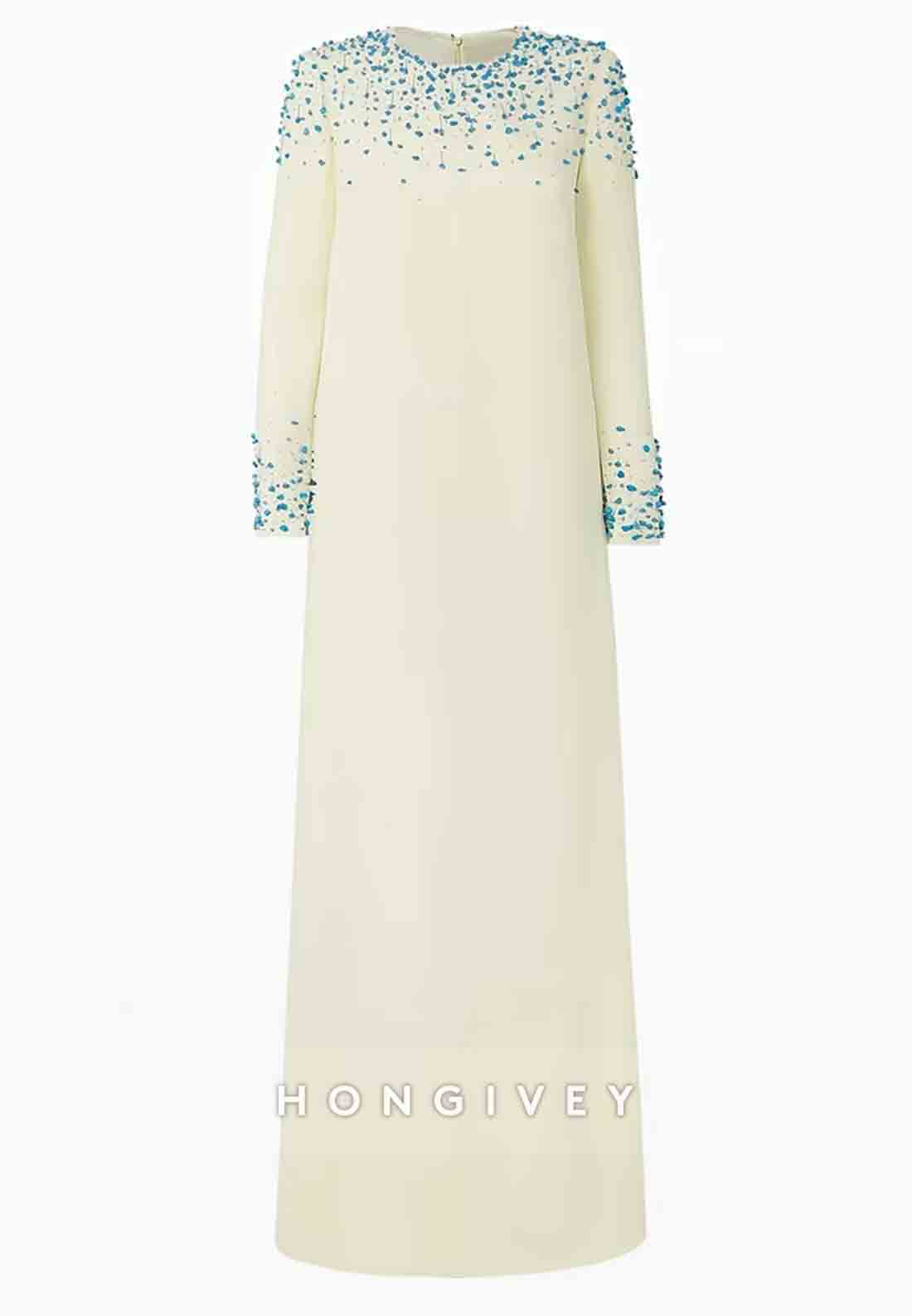 Long Sleeves A-Line Scoop Floor-Length Evening Gown with Blue Beading
