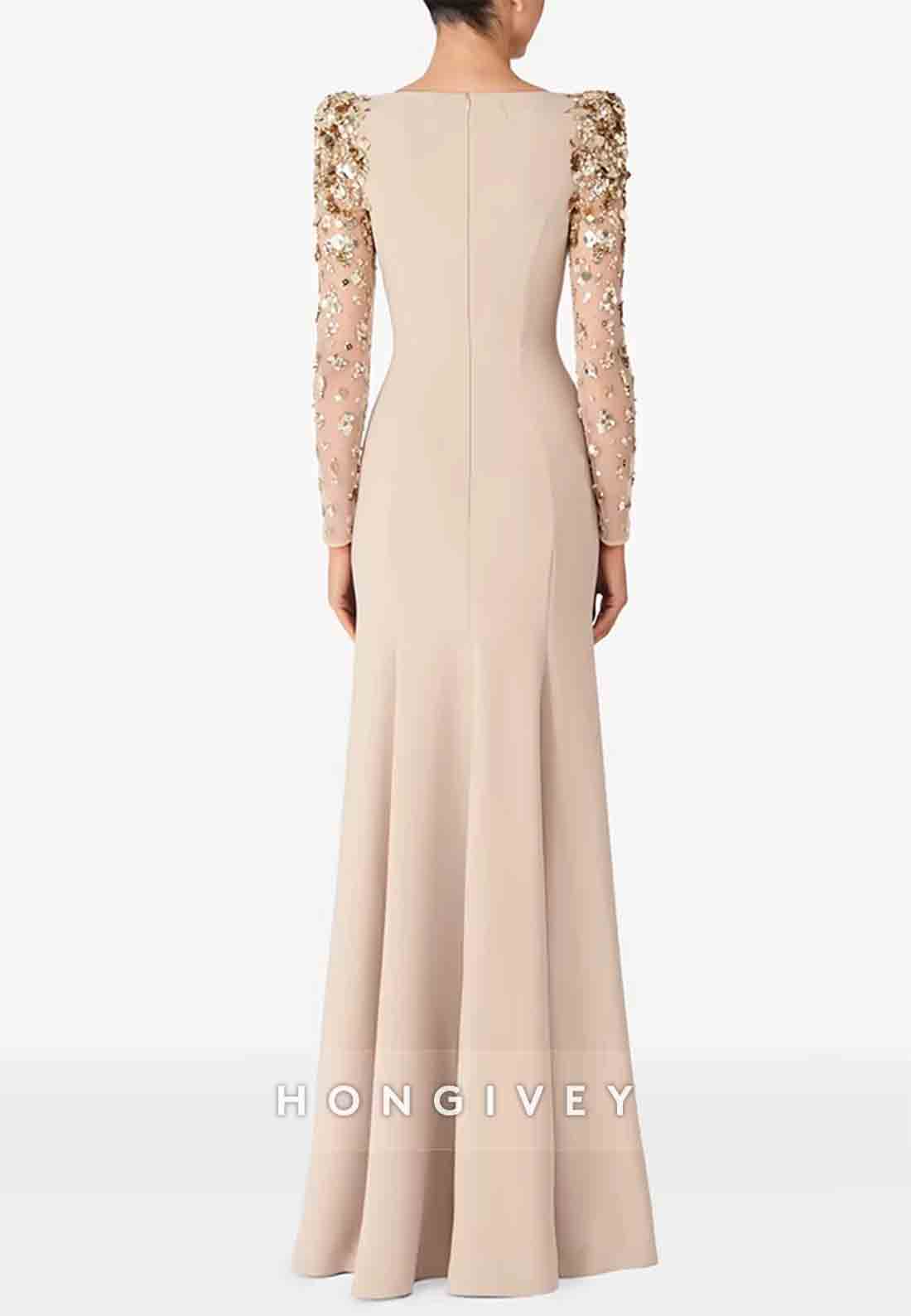 Bateau Neck Long Sleeves Back Zipper Floor-Length Evening Gowns