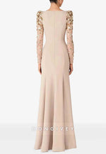 Bateau Neck Long Sleeves Back Zipper Floor-Length Evening Gowns