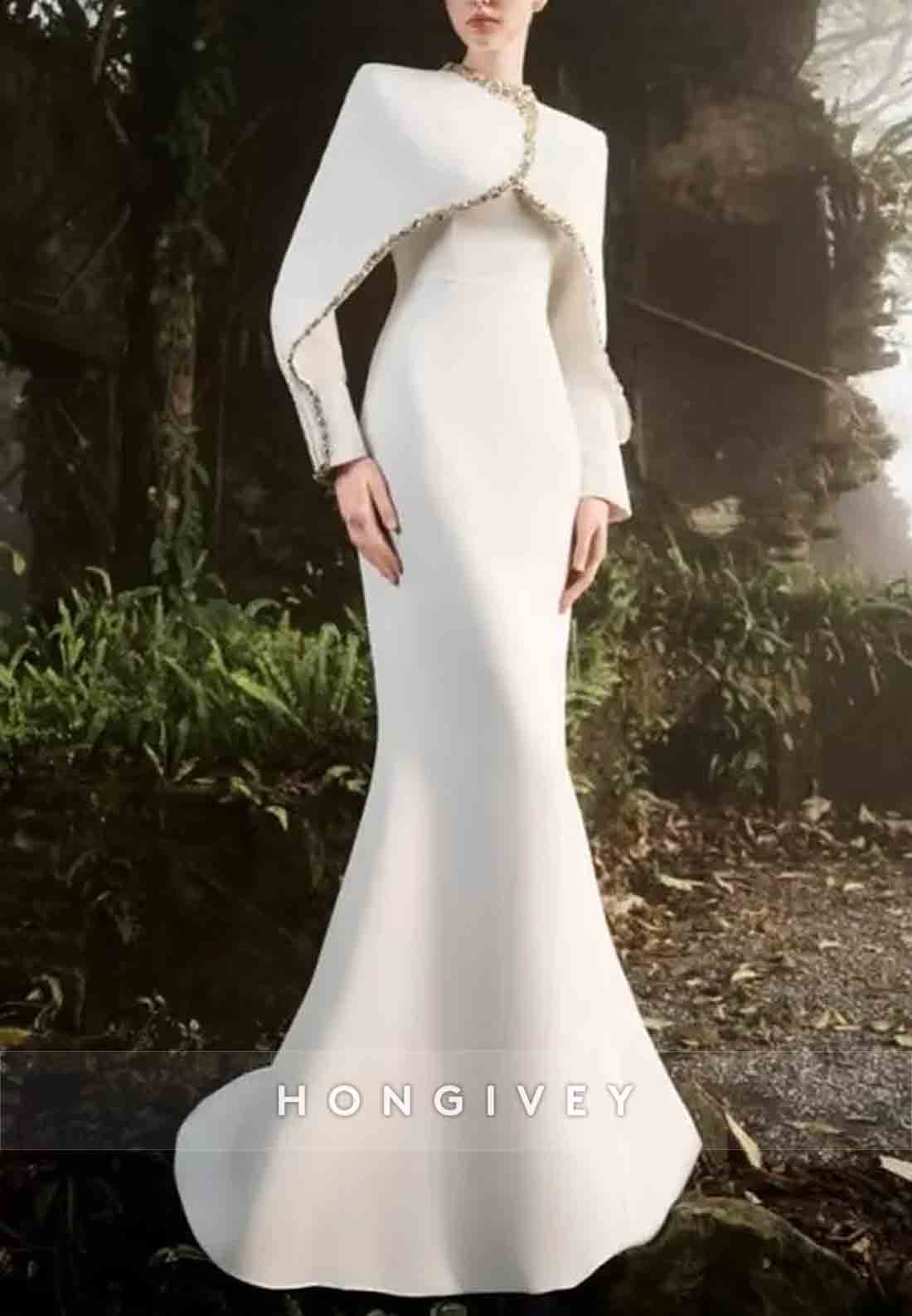 Shawl Long Sleeves Floor-Length Ivory Mermaid Formal Dresses