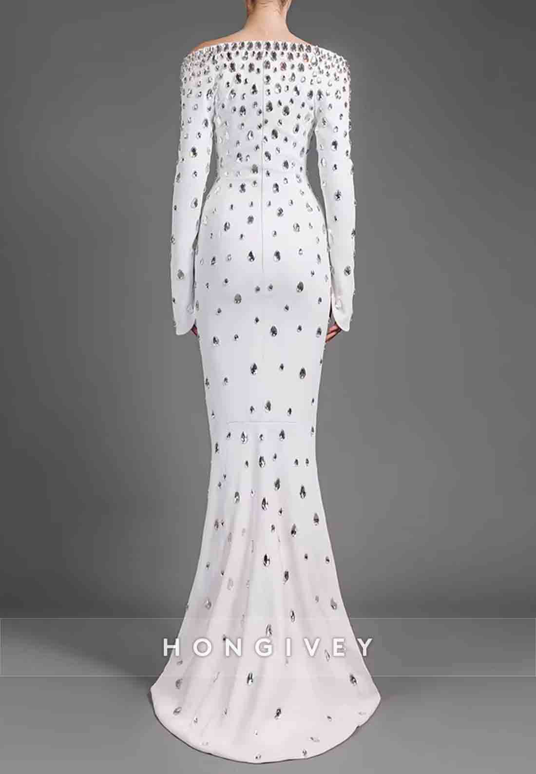 Off the Shoulder Floor-Length Long Sleeves Mermaid Evening Gowns with Rhinestone