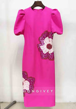 Floral Column Short Sleeves Cocktail Dresses Fuchsia Wedding Guest Dress