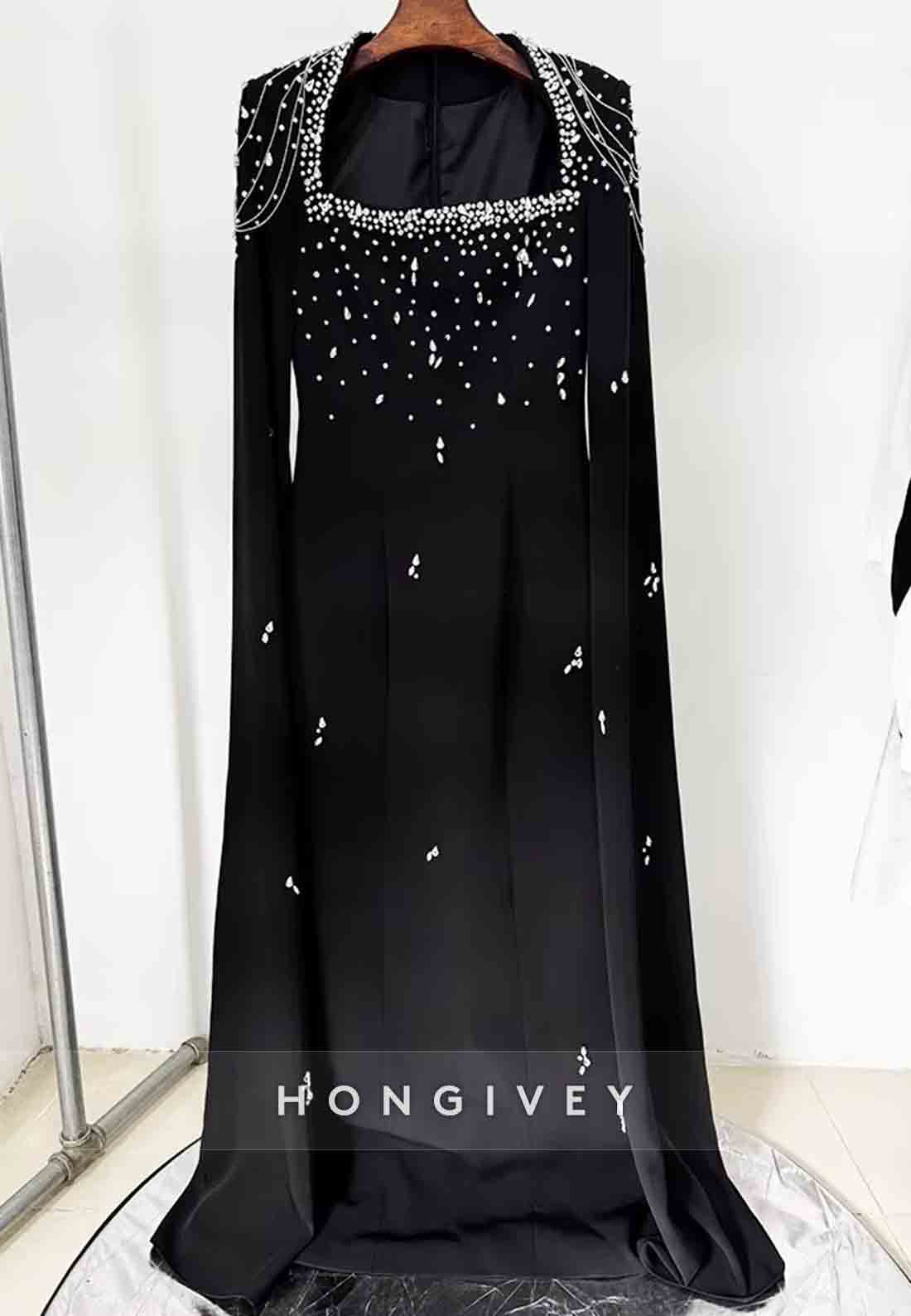 Long Sleeves A-Line Floor-Length Empire Evening Gown with Rhinestone