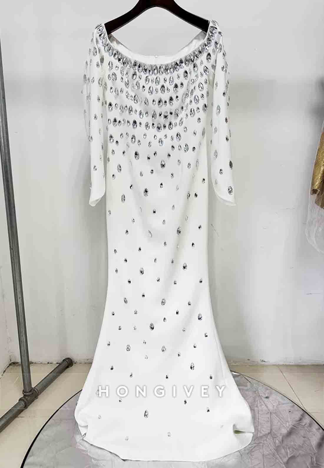 Off the Shoulder Floor-Length Long Sleeves Mermaid Evening Gowns with Rhinestone