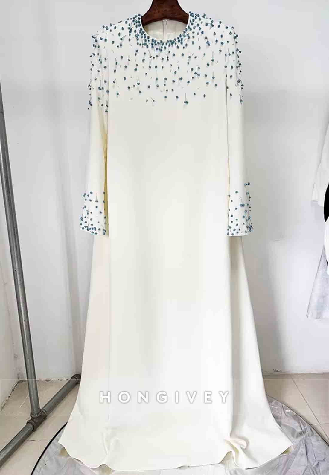 Long Sleeves A-Line Scoop Floor-Length Evening Gown with Blue Beading