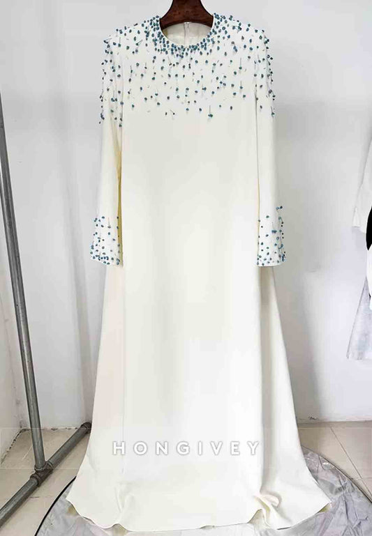 Long Sleeves A-Line Scoop Floor-Length Evening Gown with Blue Beading