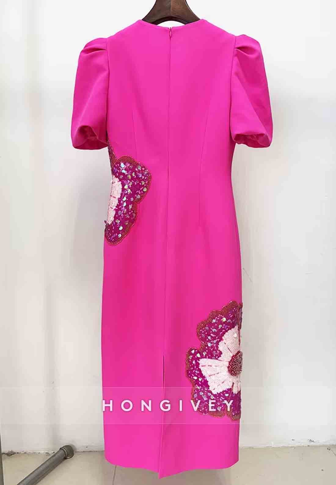 Floral Column Short Sleeves Cocktail Dresses Fuchsia Wedding Guest Dress