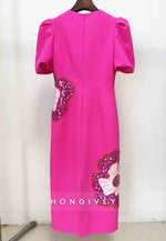 Floral Column Short Sleeves Cocktail Dresses Fuchsia Wedding Guest Dress